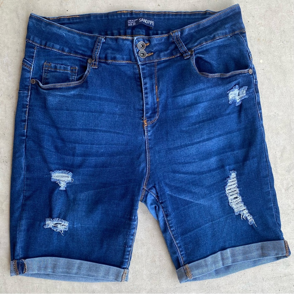 Sandpiper Plus Size Distressed High-Rise Bermuda Denim Shorts